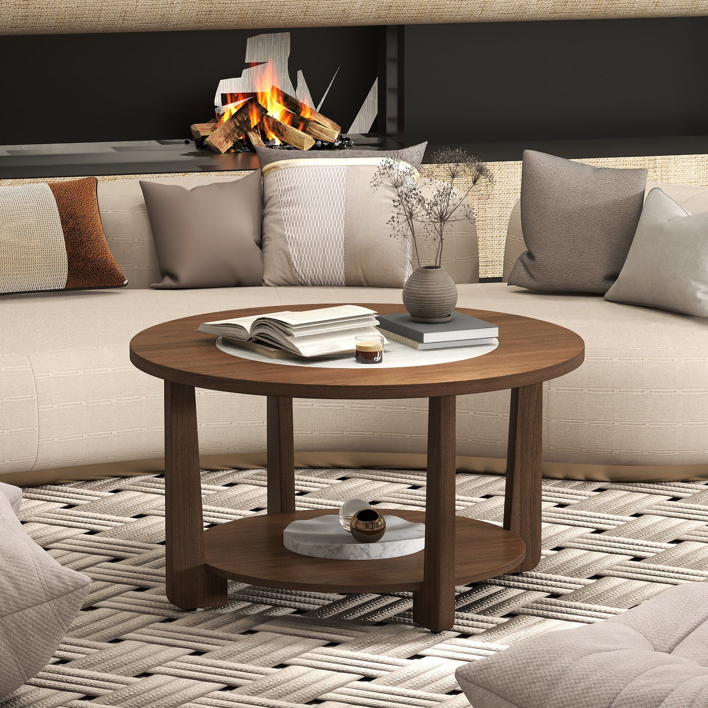 Farmhouse Accent Round Coffee Table with 2-Tone Tabletop and Open Storage Shelf for Living Room-Brown
