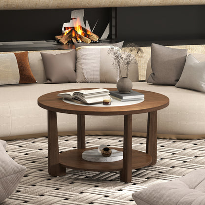 Farmhouse Accent Round Coffee Table with 2-Tone Tabletop and Open Storage Shelf for Living Room-Brown