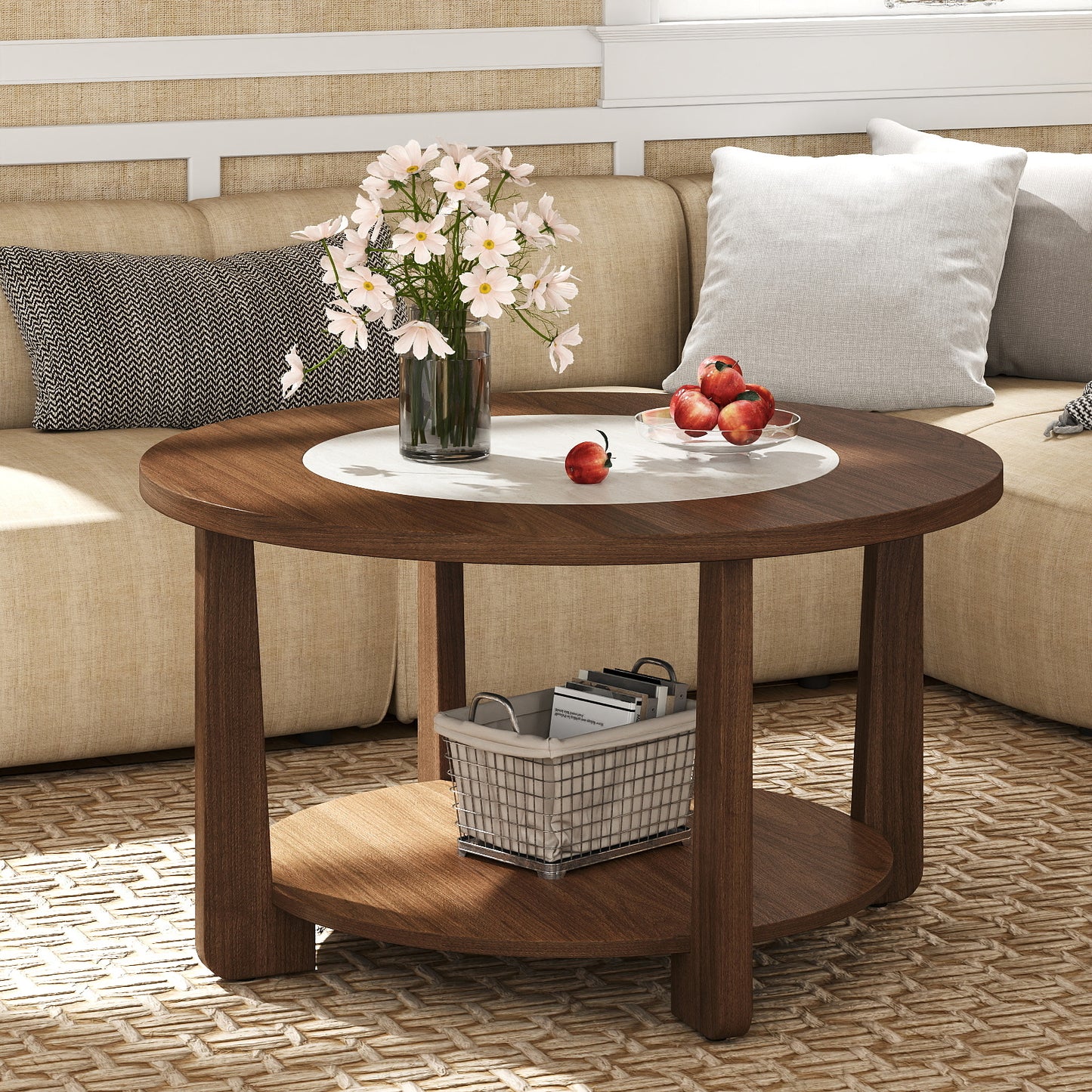 Farmhouse Accent Round Coffee Table with 2-Tone Tabletop and Open Storage Shelf for Living Room-Brown
