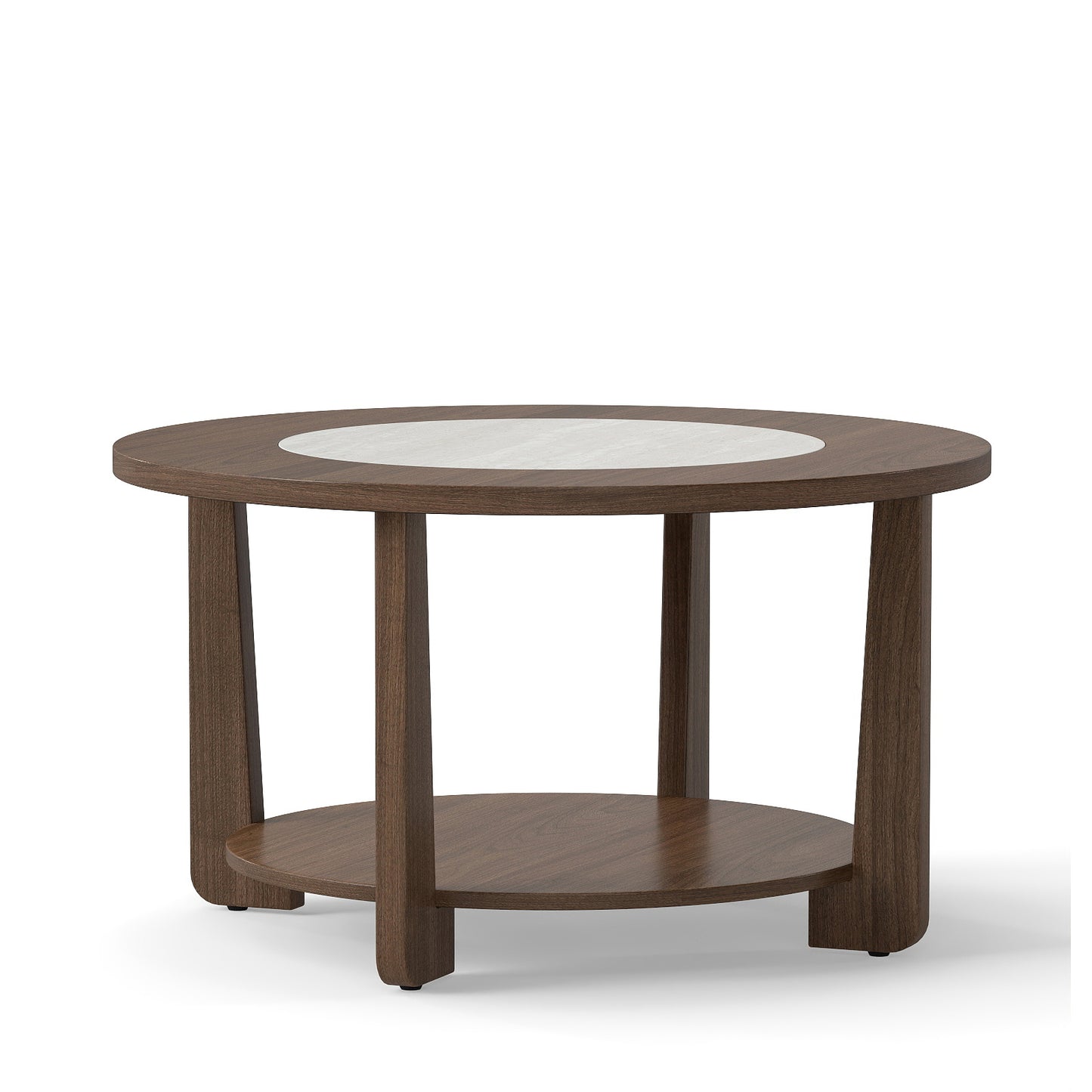 Farmhouse Accent Round Coffee Table with 2-Tone Tabletop and Open Storage Shelf for Living Room-Brown