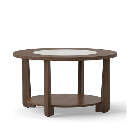 Farmhouse Accent Round Coffee Table with 2-Tone Tabletop and Open Storage Shelf for Living Room-Brown