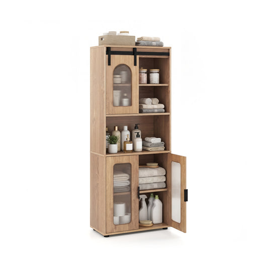 Farmhouse Bathroom Floor Cabinet with Sliding Barn Door-Natural