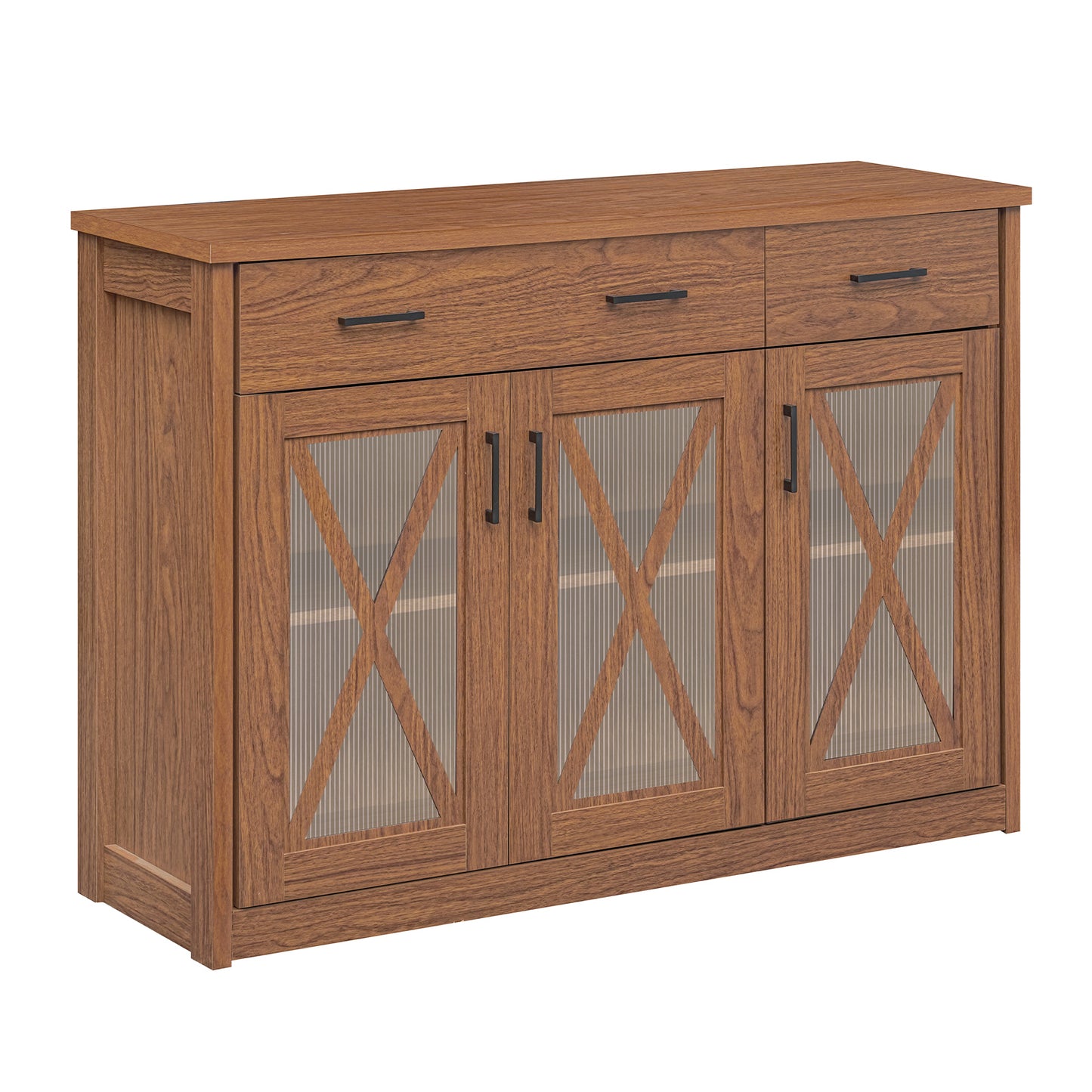 Farmhouse Buffet Sideboard 3-Door Kitchen Storage Cabinet with 2 Drawers-Brown