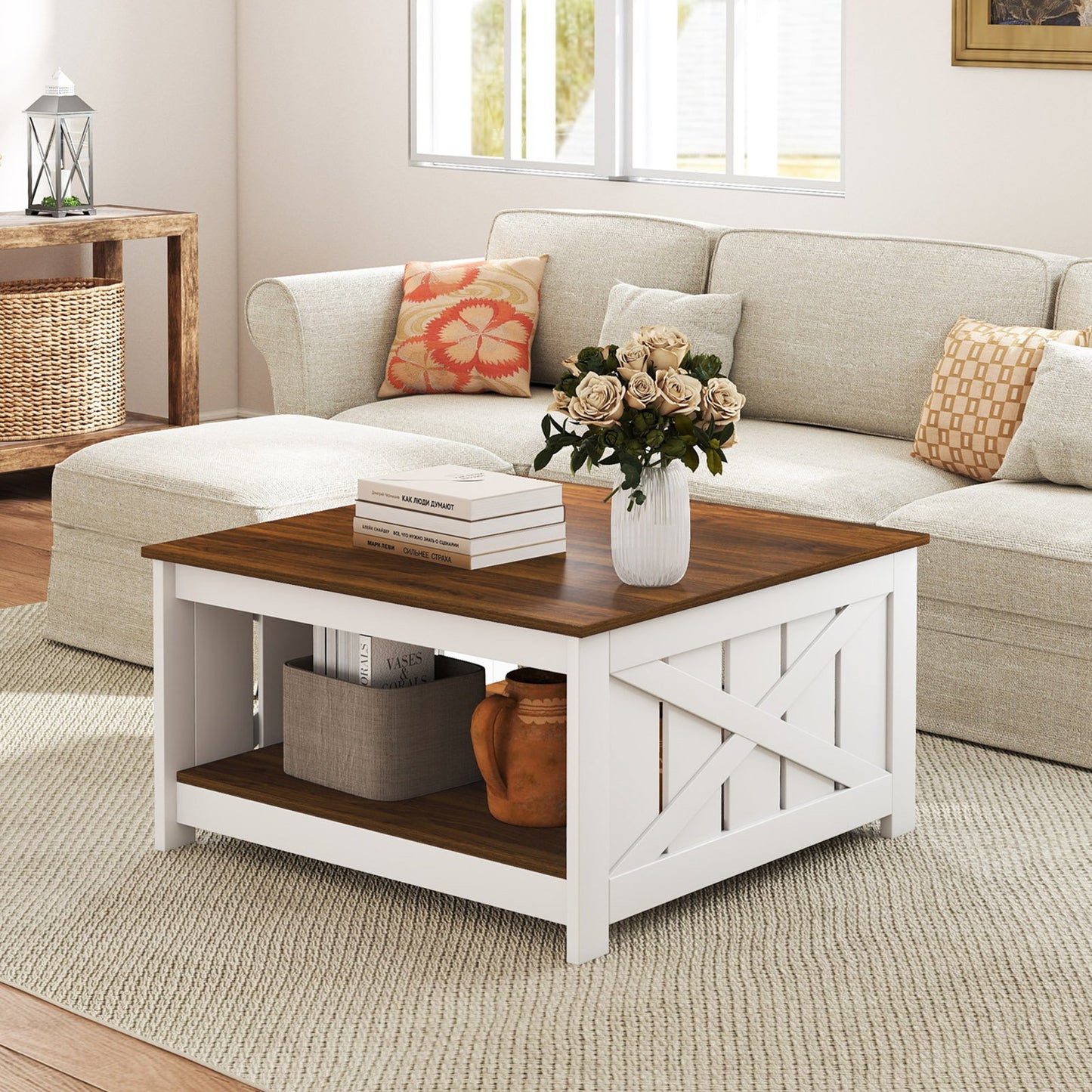 Farmhouse Coffee Table 31 Inch Square Coffee Table with Storage Shelf-White