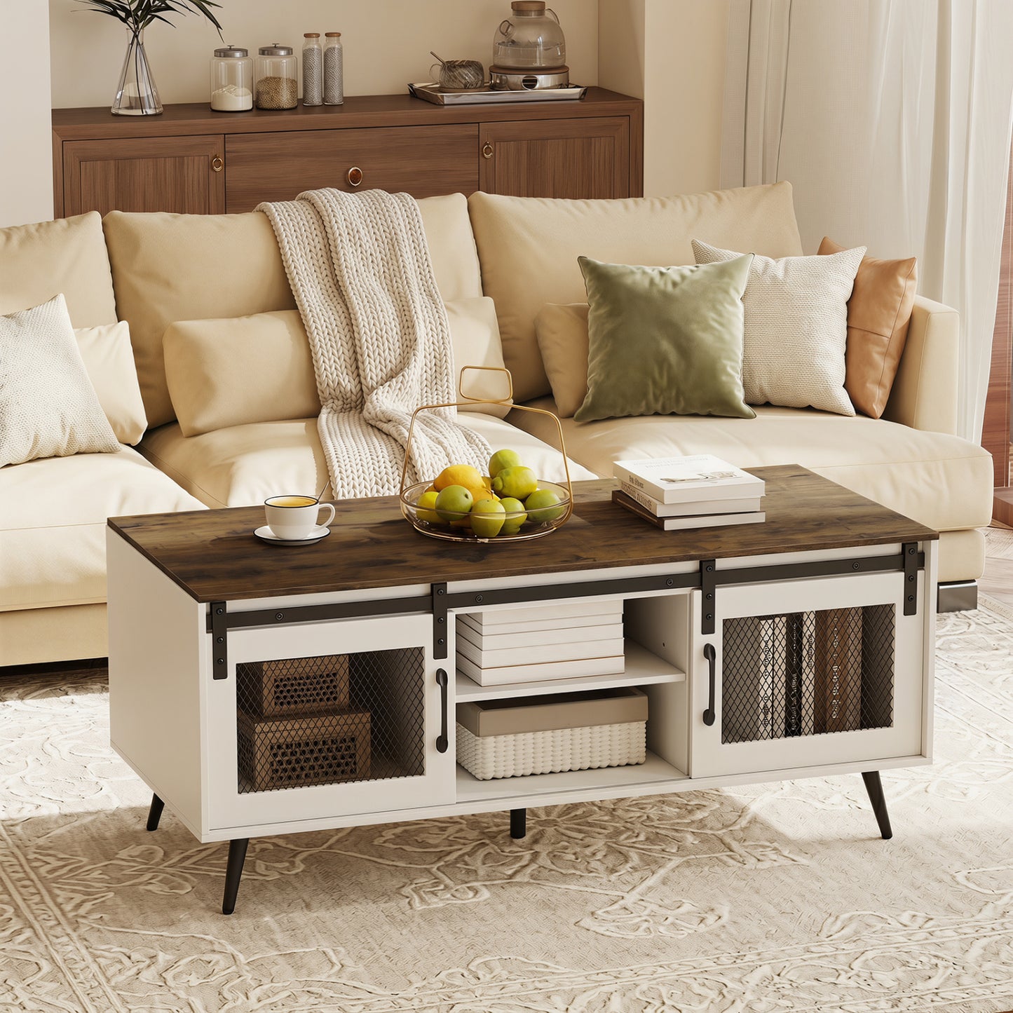 Rustic brown farmhouse coffee table with sliding doors and adjustable shelf, made by Wilsons Home Store.