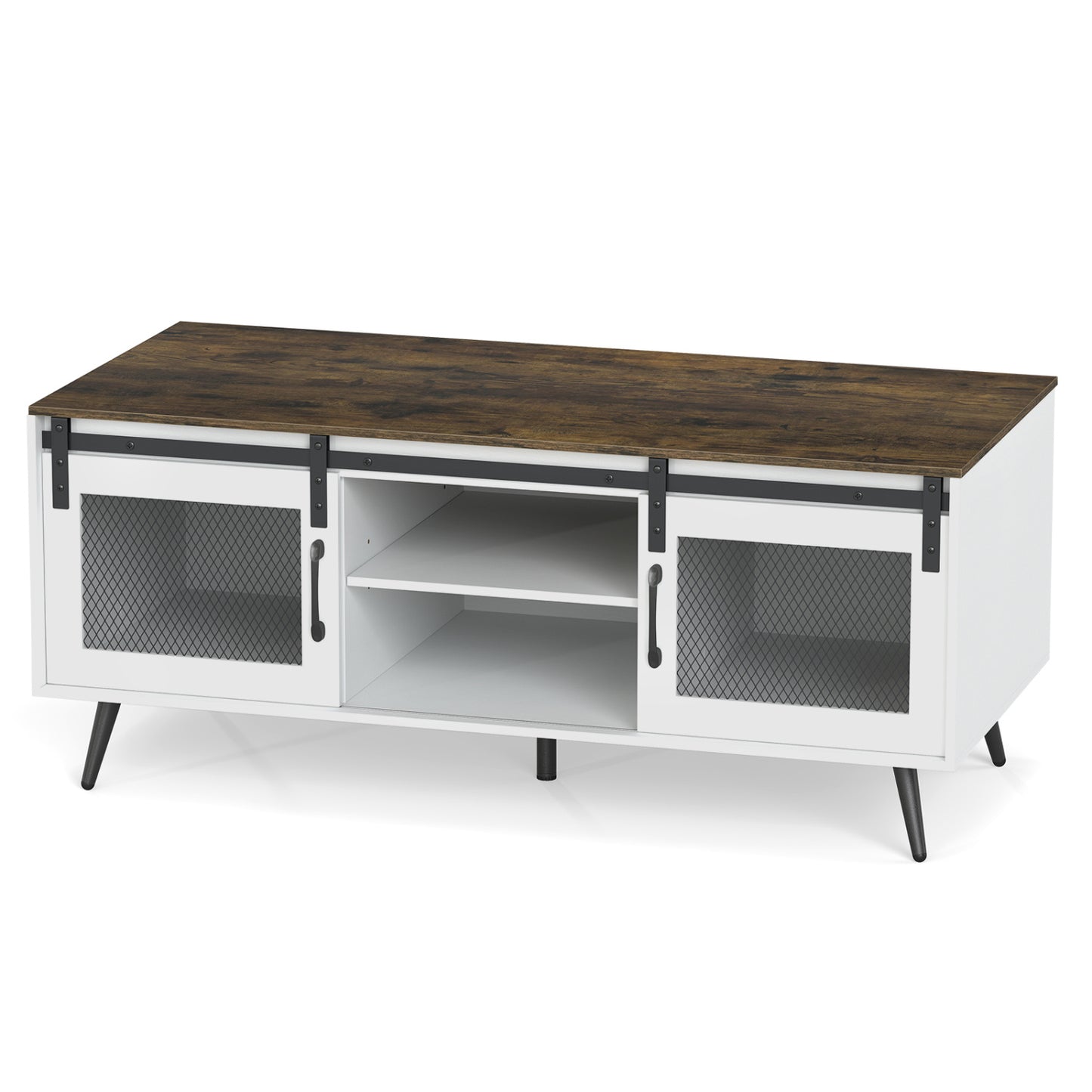 Rustic brown farmhouse coffee table with sliding doors and adjustable shelf, ideal for living room decor.