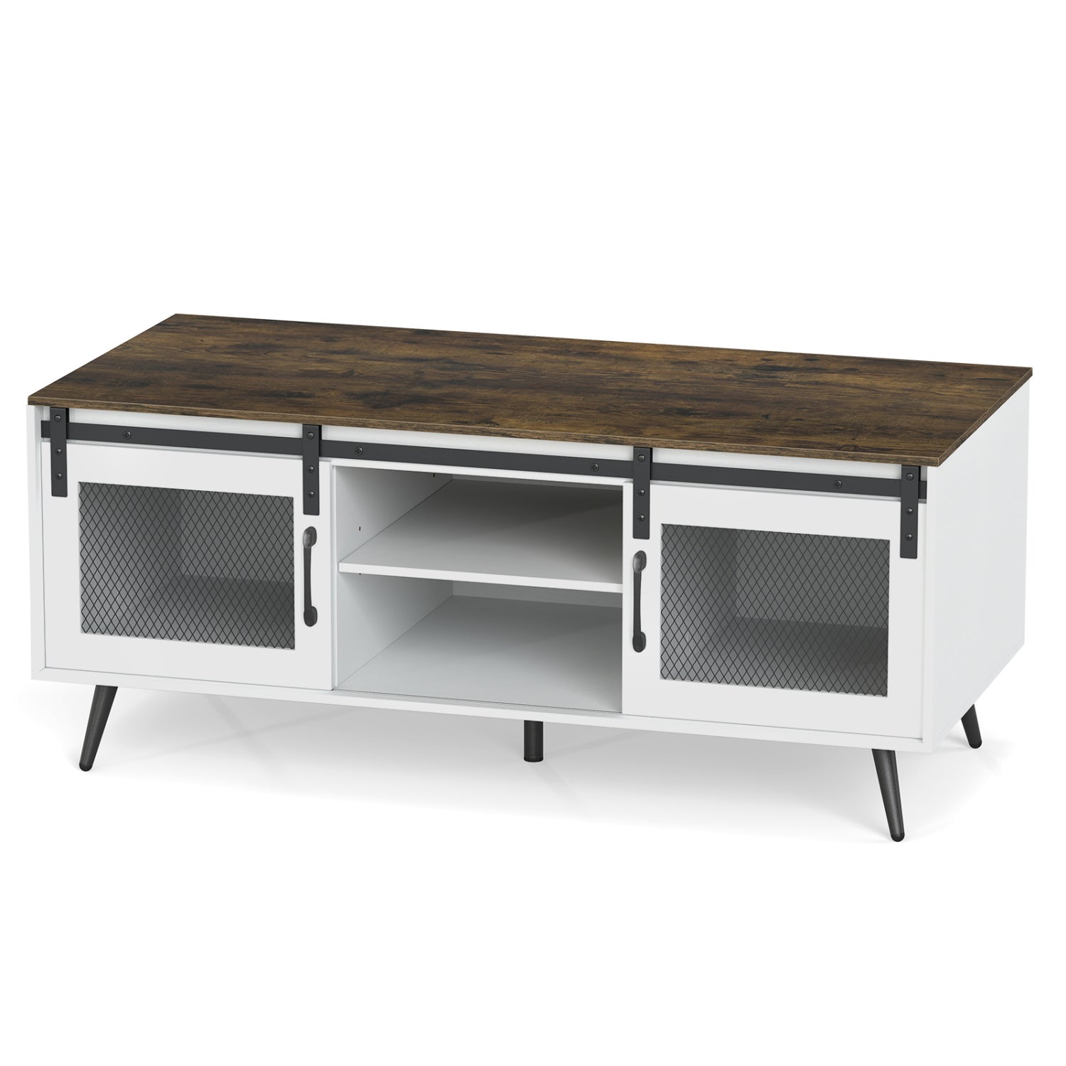 Rustic brown farmhouse coffee table with sliding doors and adjustable shelf, ideal for living room decor.
