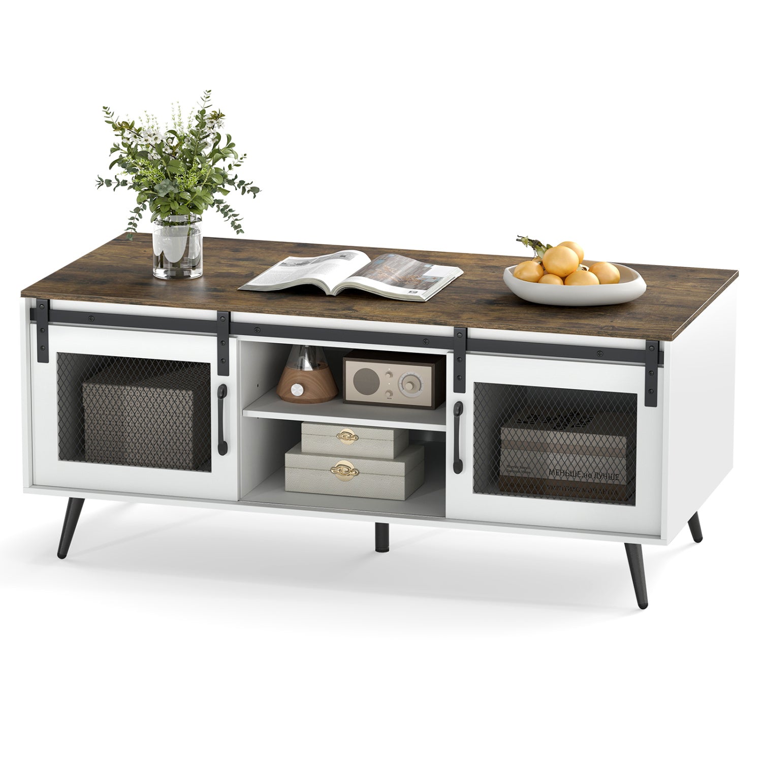 Rustic brown farmhouse coffee table with sliding doors and adjustable shelf, made by Wilsons Home Store for living room decor.