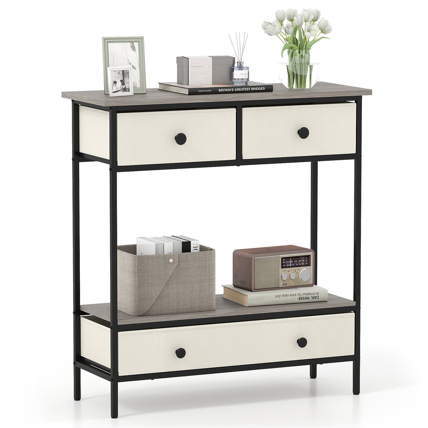 Farmhouse Console Table with Open Storage Shelf for Hallway-Gray