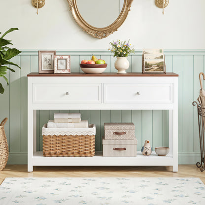 Farmhouse Console Table with 2 Drawers & Open Storage Shelf-White