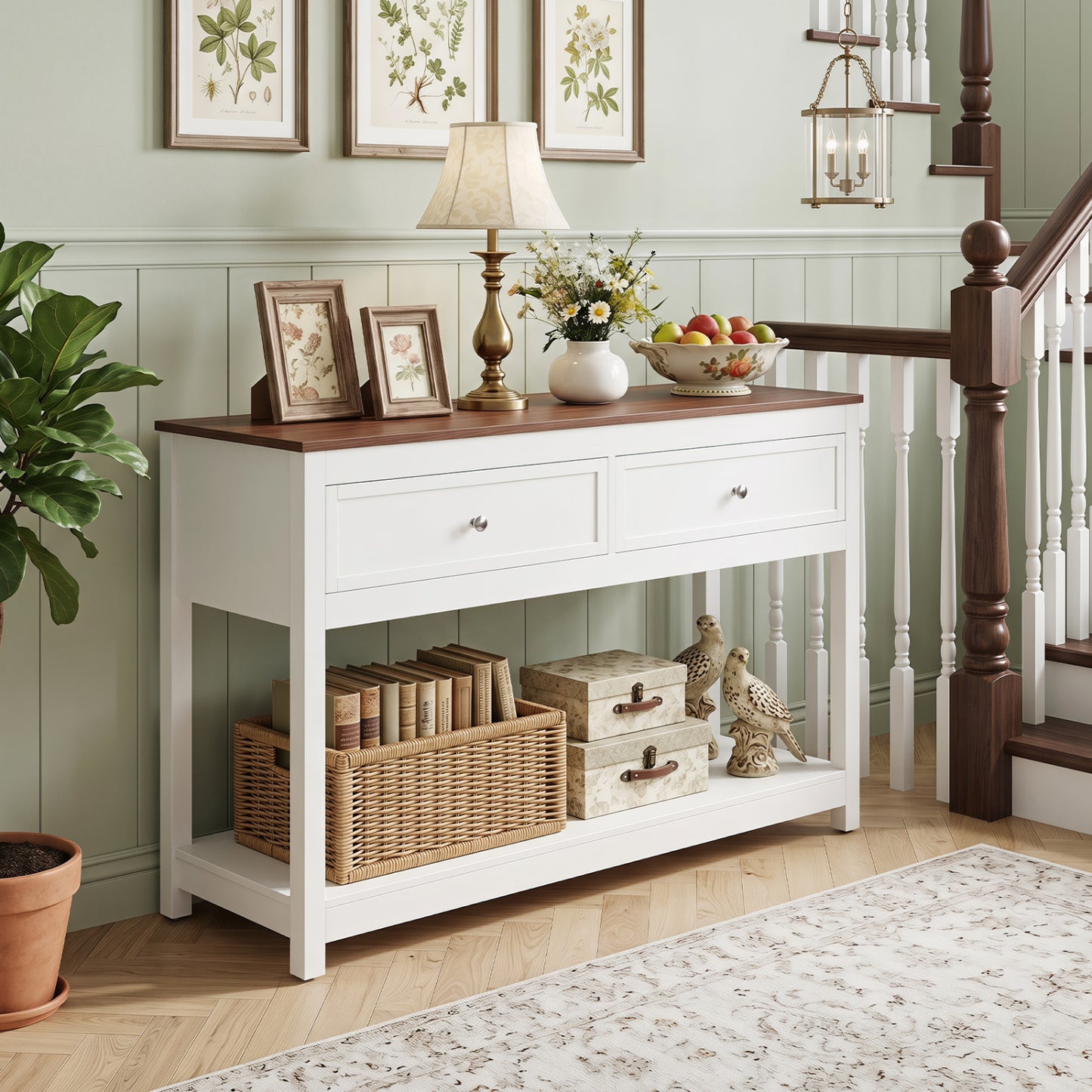 Farmhouse Console Table with 2 Drawers & Open Storage Shelf-White