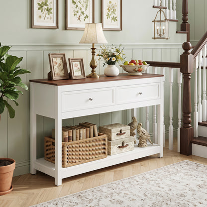 Farmhouse Console Table with 2 Drawers & Open Storage Shelf-White