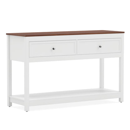 Farmhouse Console Table with 2 Drawers & Open Storage Shelf-White