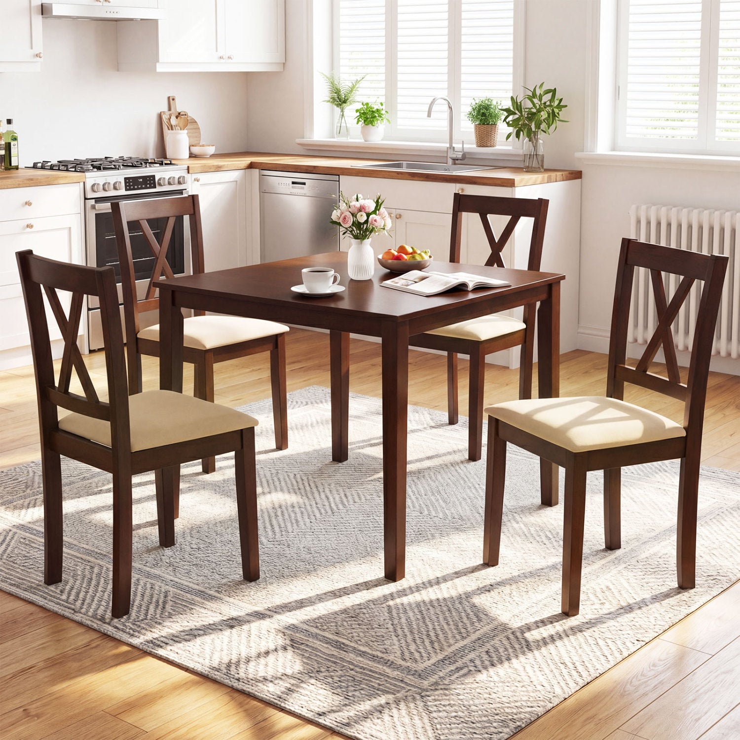 Walnut farmhouse dining table for 4, 35-inch square kitchen table with rustic style and sturdy wood construction.