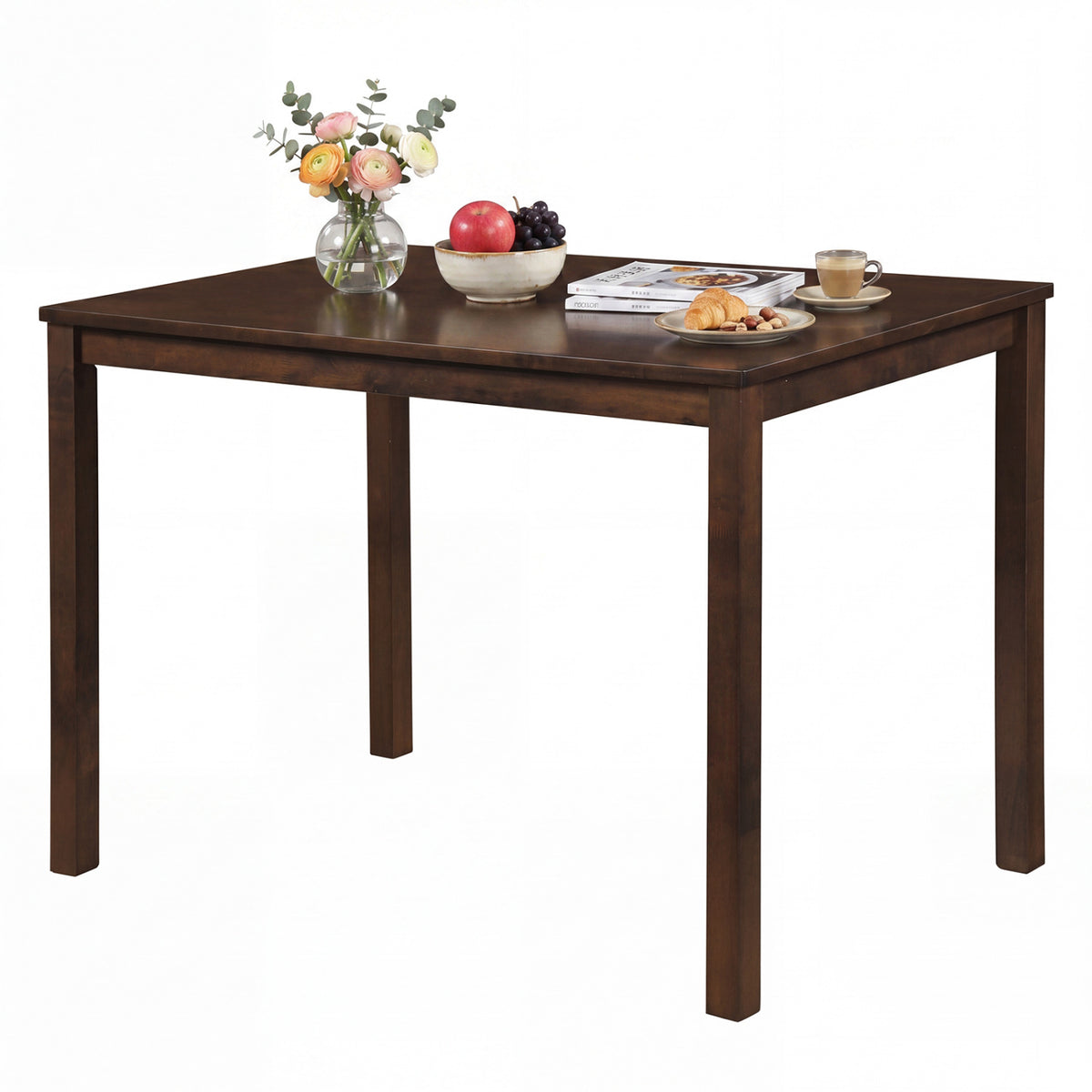 Farmhouse kitchen table for 4 with solid rubber wood frame in brown, ideal for dining room use.