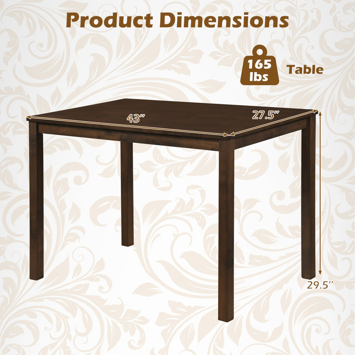 Farmhouse kitchen table for 4 with solid rubber wood frame in brown, perfect for dining rooms and farmhouse-style kitchens.