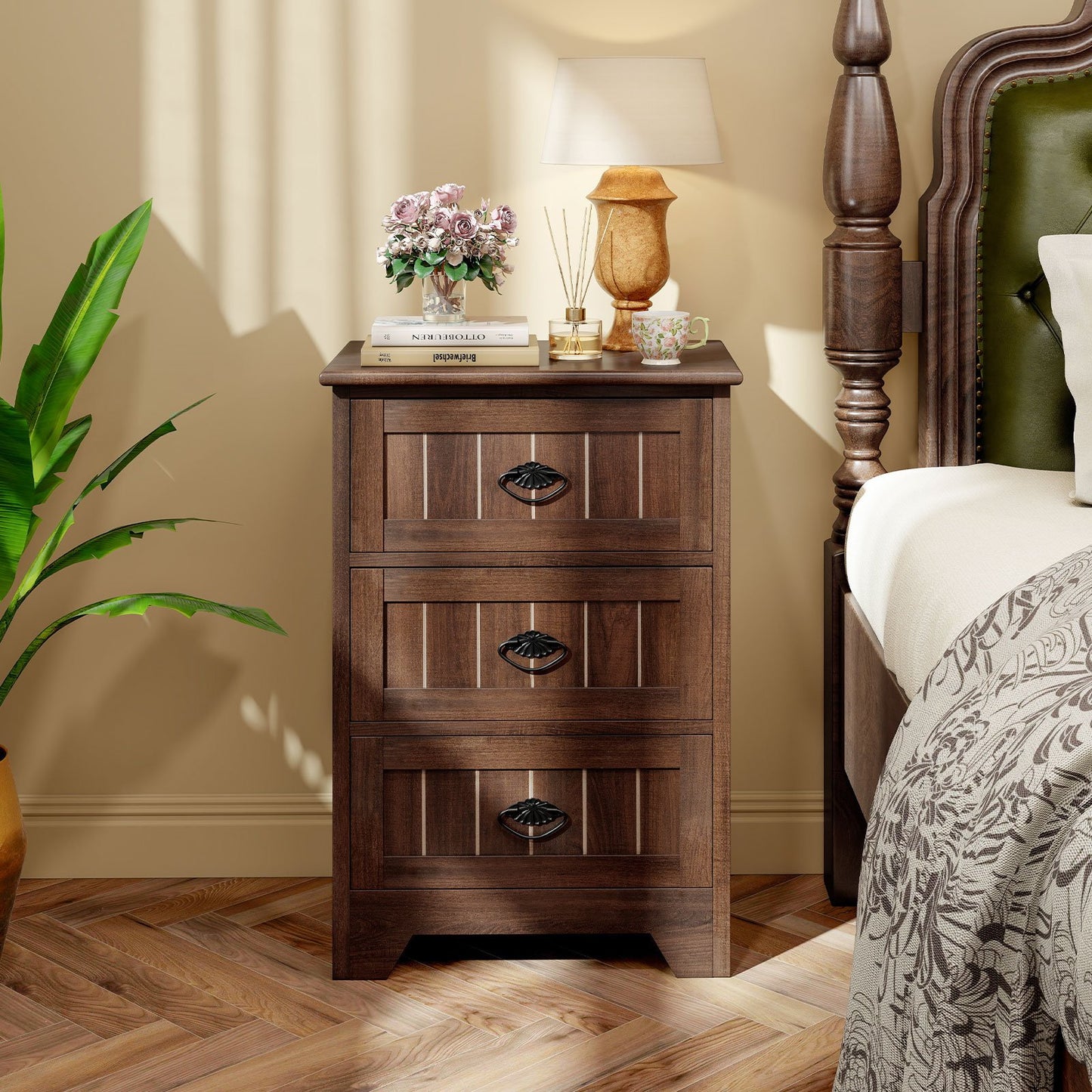 3 Drawers End Storage Wood Side Nightstand-Black