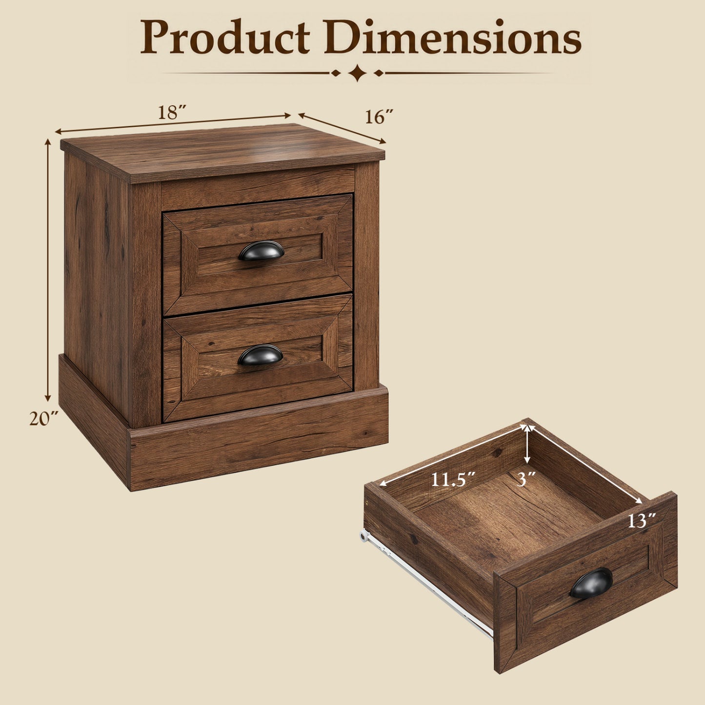 Farmhouse Nightstand with 2 Drawers & Storage for Living Room Bedroom-Brown