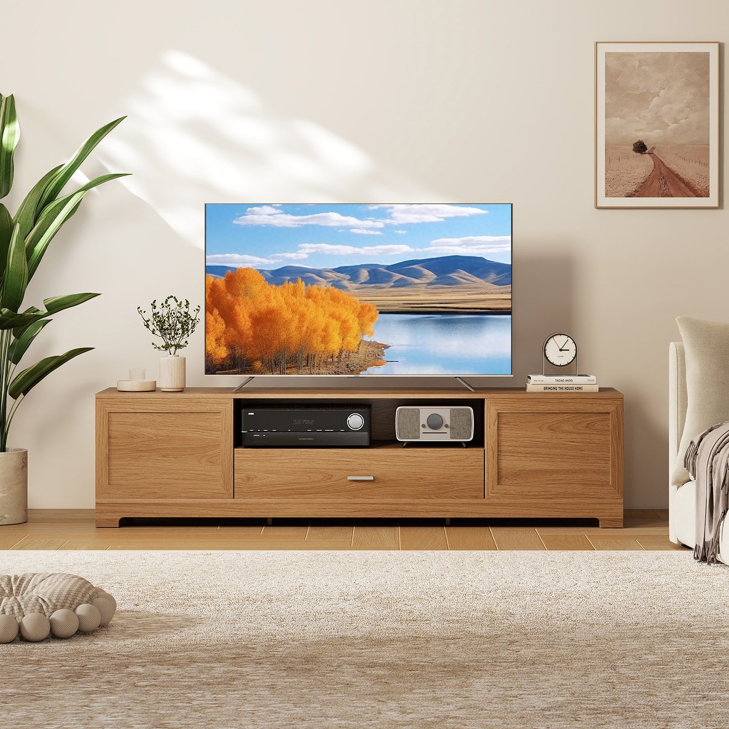 Farmhouse Rustic TV Stand for TVs up to 80"-Natural