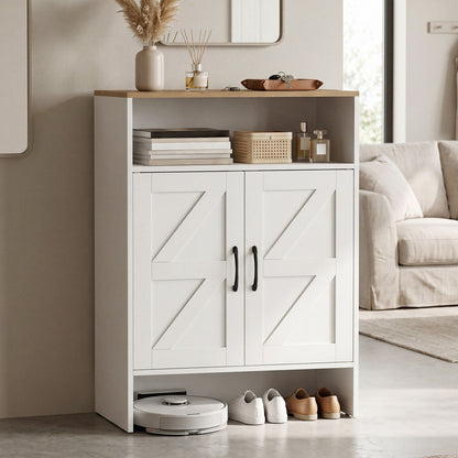 White farmhouse shoe cabinet with two barn doors and open shelf for entryway storage, by Wilsons Home Store.