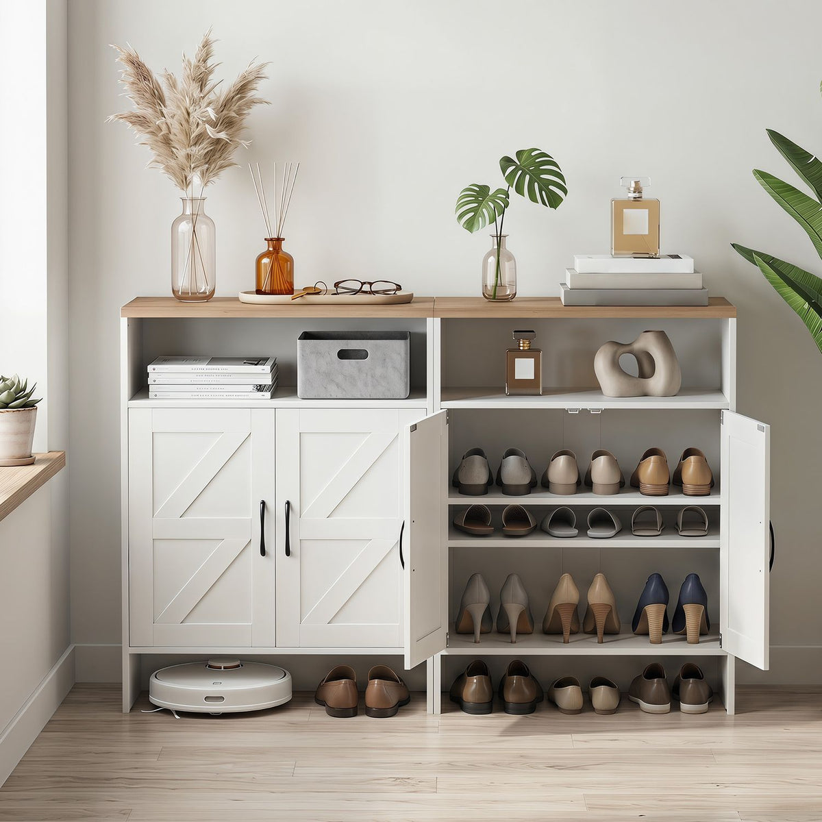 White farmhouse shoe cabinet with 2 barn doors and open shelf, ideal entryway storage from Wilsons Home Store.