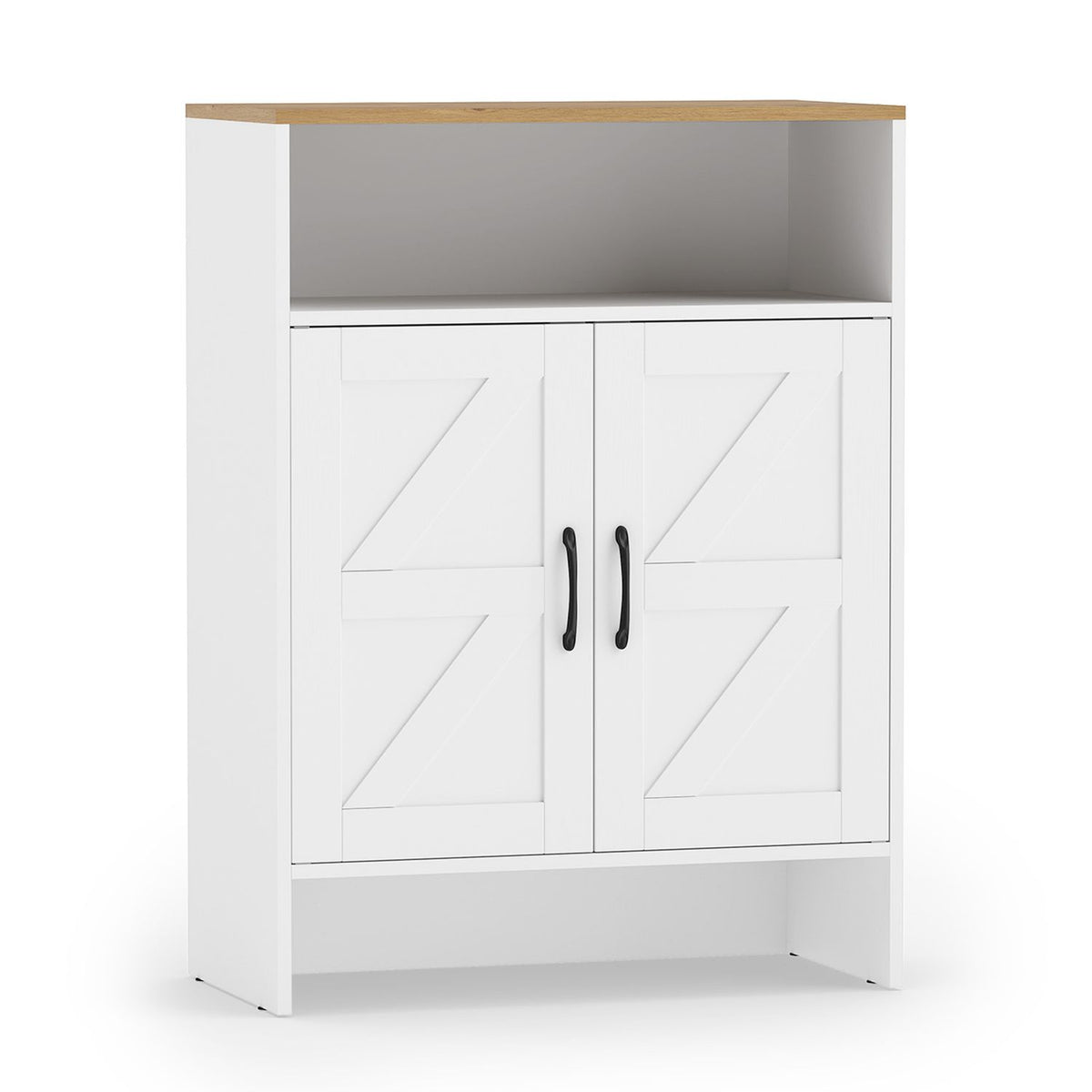 White farmhouse shoe cabinet with two barn doors and open shelf, entryway furniture for organized shoe storage.