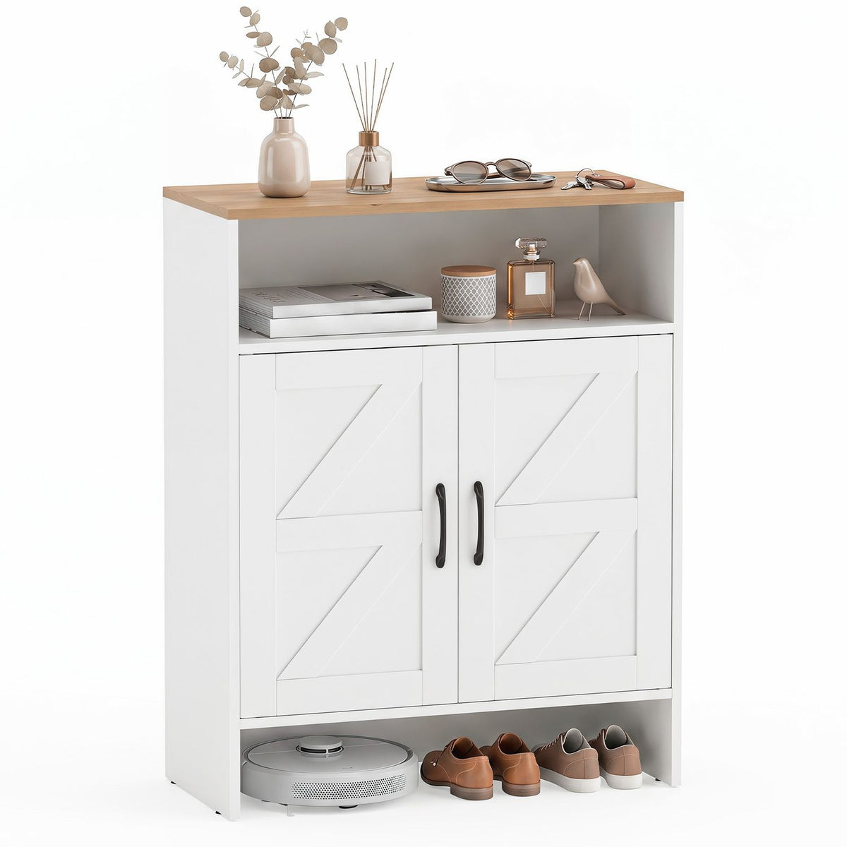 White farmhouse shoe cabinet with two barn doors and open shelf for entryway storage, ideal for organizing footwear.