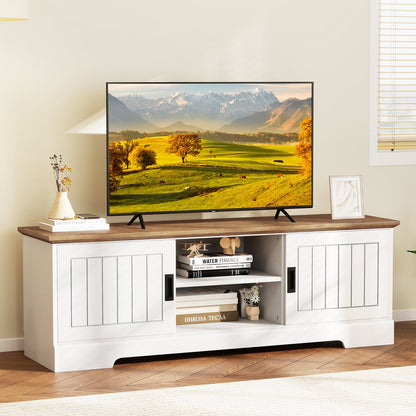 Farmhouse TV Stand for TVs up to 65 Inch with Sliding Doors and Storage Cabinets-White