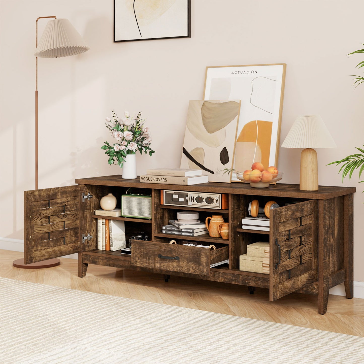 Farmhouse TV Stand for 65 Inch TVs with 2 Woven Accent Doors and 3 Adjustable Shelves-Oak