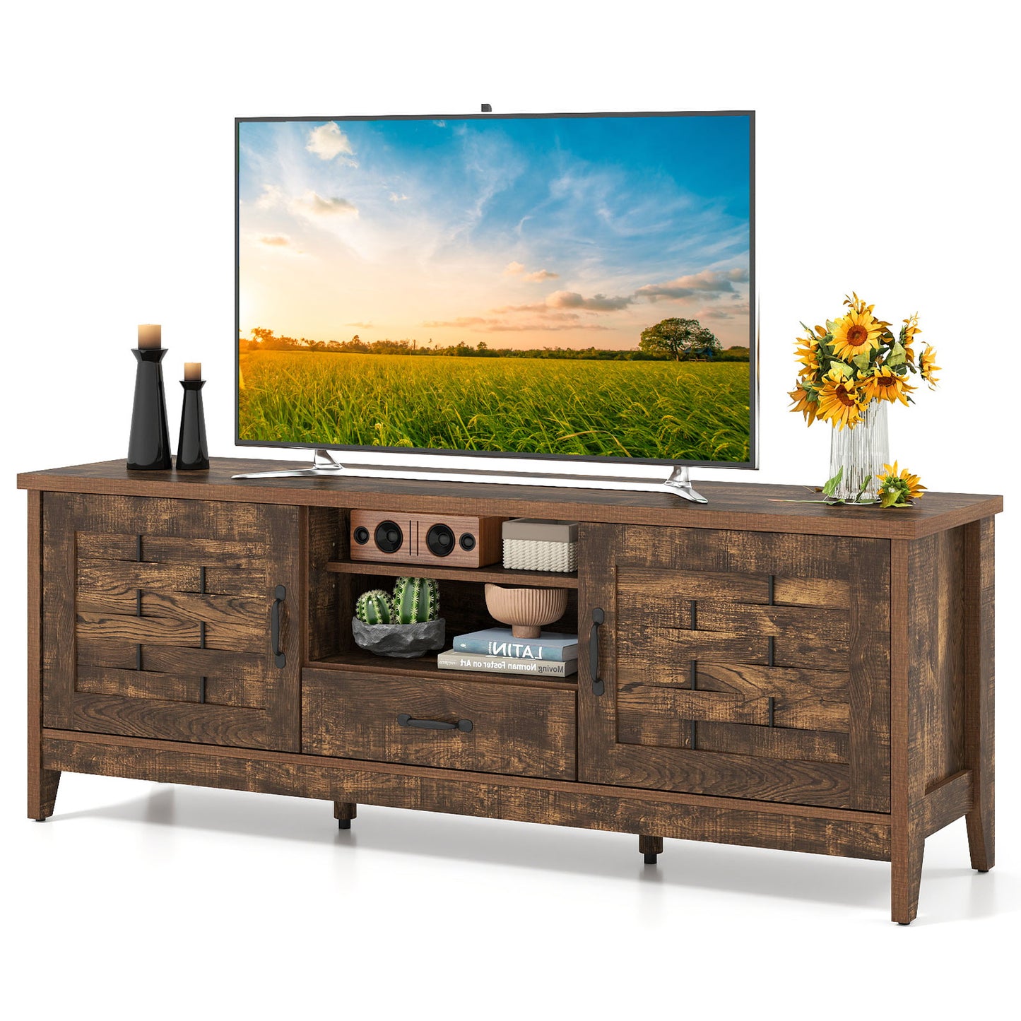 Farmhouse TV Stand for 65 Inch TVs with 2 Woven Accent Doors and 3 Adjustable Shelves-Oak