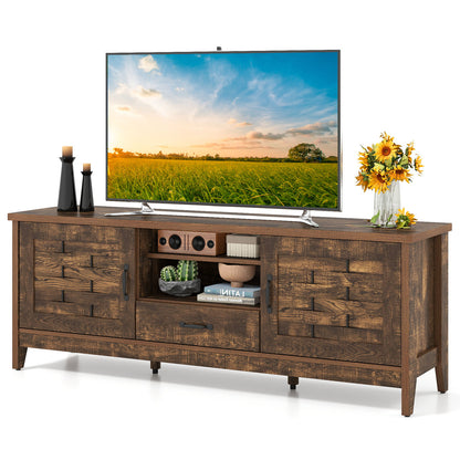 Farmhouse TV Stand for 65 Inch TVs with 2 Woven Accent Doors and 3 Adjustable Shelves-Oak