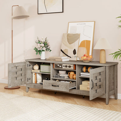 Farmhouse TV Stand for 65 Inch TVs with 2 Woven Accent Doors and 3 Adjustable Shelves-Oak