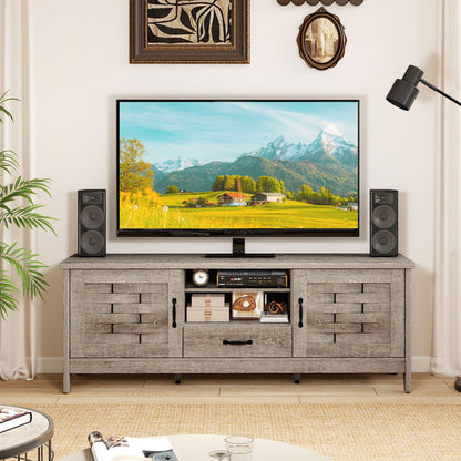 Farmhouse TV Stand for 65 Inch TVs with 2 Woven Accent Doors and 3 Adjustable Shelves-Oak