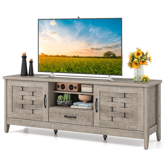 Farmhouse TV Stand for 65 Inch TVs with 2 Woven Accent Doors and 3 Adjustable Shelves-Oak