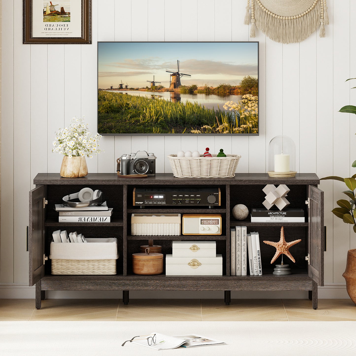 Farmhouse TV Stand for TVs up to 65 Inch Entertainment Center with 2 Storage Cabinets-Gray