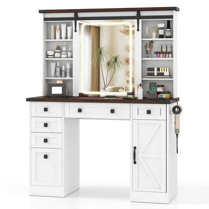 Farmhouse Vanity Desk with Barn-Style Sliding Mirror and 3 Lighting Modes-White