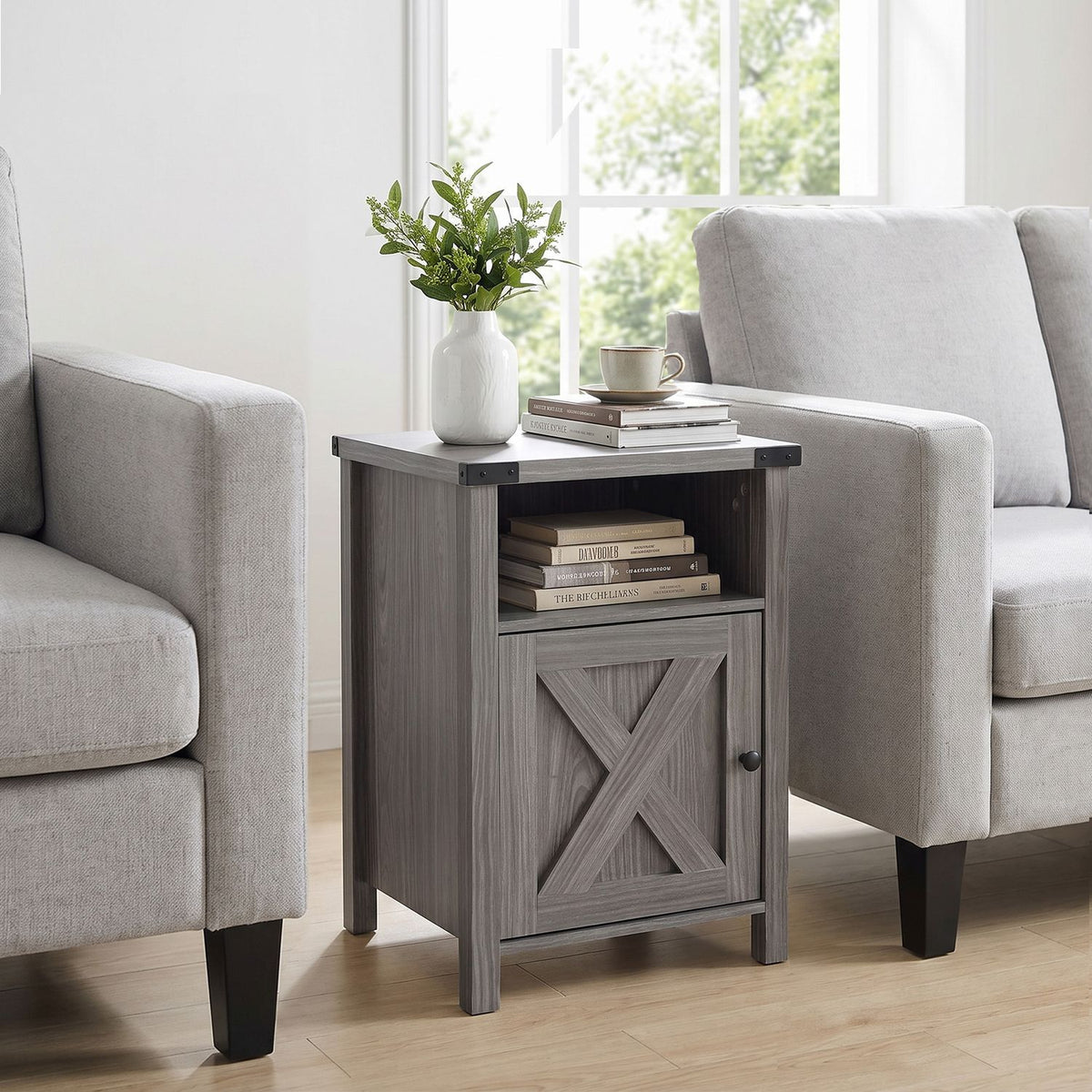 Farmhouse Wooden Nightstand with Barn Door and Storage Cabinet-1pack
