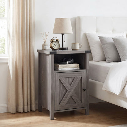 Farmhouse Wooden Nightstand with Barn Door and Storage Cabinet-1pack
