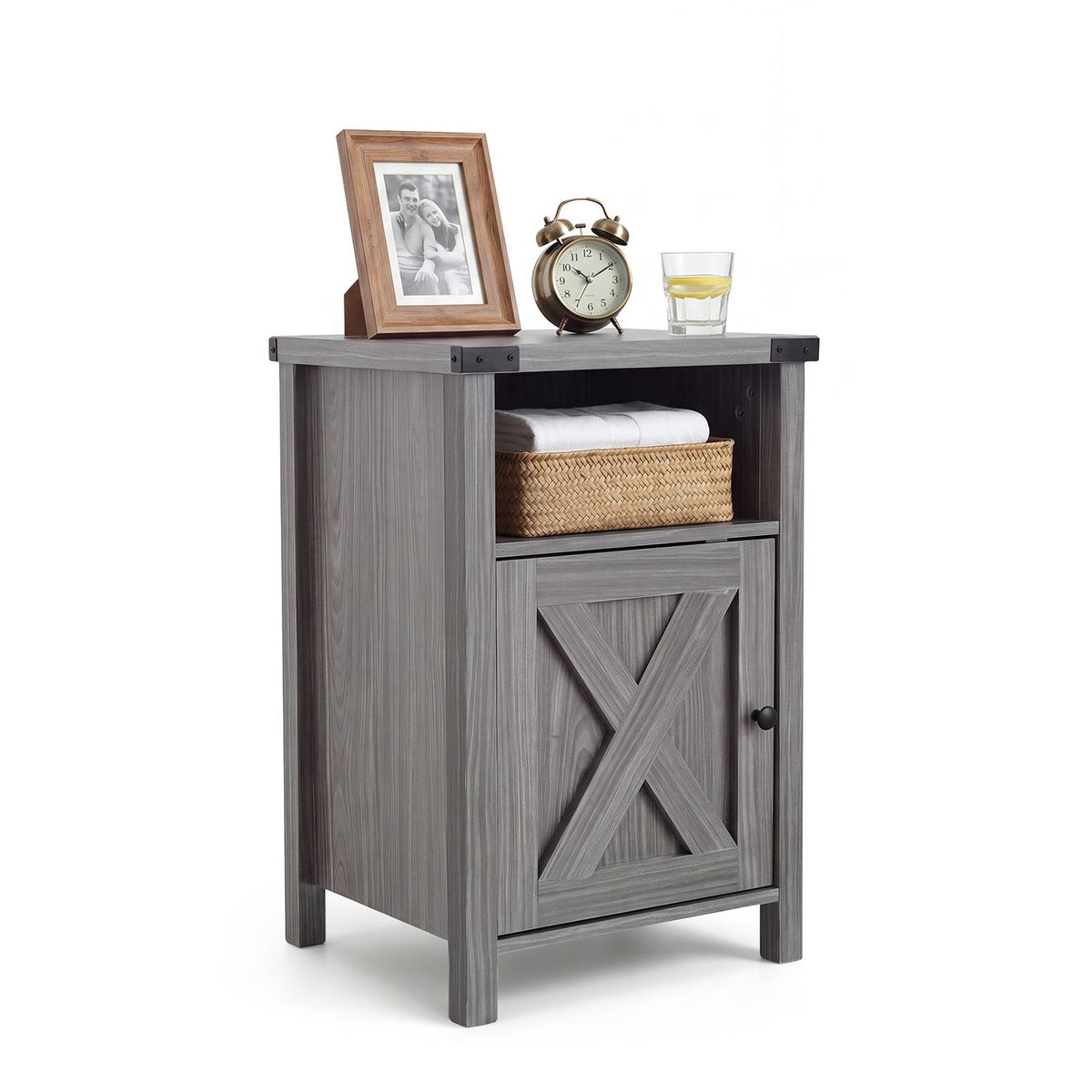 Farmhouse Wooden Nightstand with Barn Door and Storage Cabinet-1pack