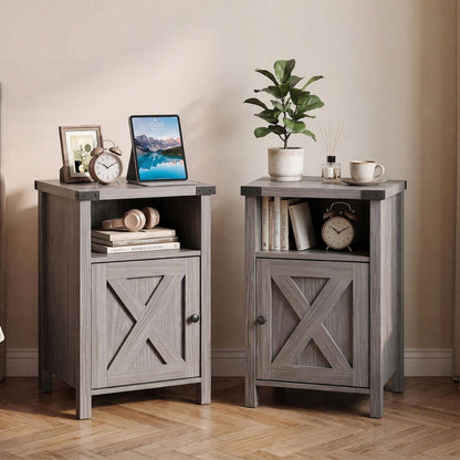 Farmhouse Wooden Nightstand with Barn Door and Storage Cabinet-1pack