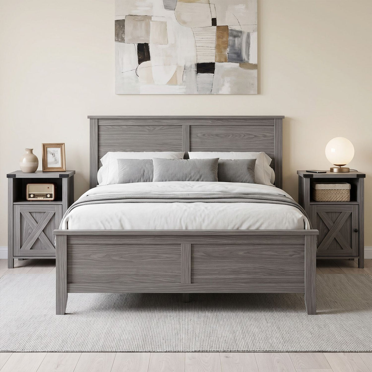 Farmhouse Wooden Nightstand with Barn Door and Storage Cabinet-1pack