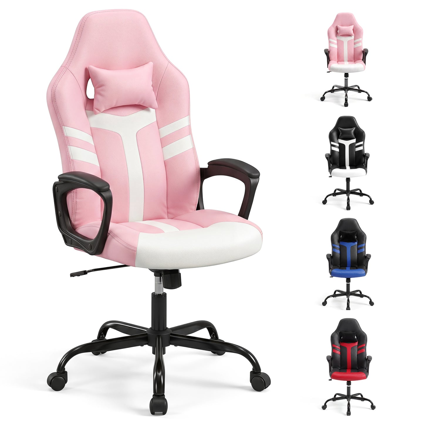 Faux Leather Upholstered Office Chair with Removable Head Pillow and Rocking Function-Blue
