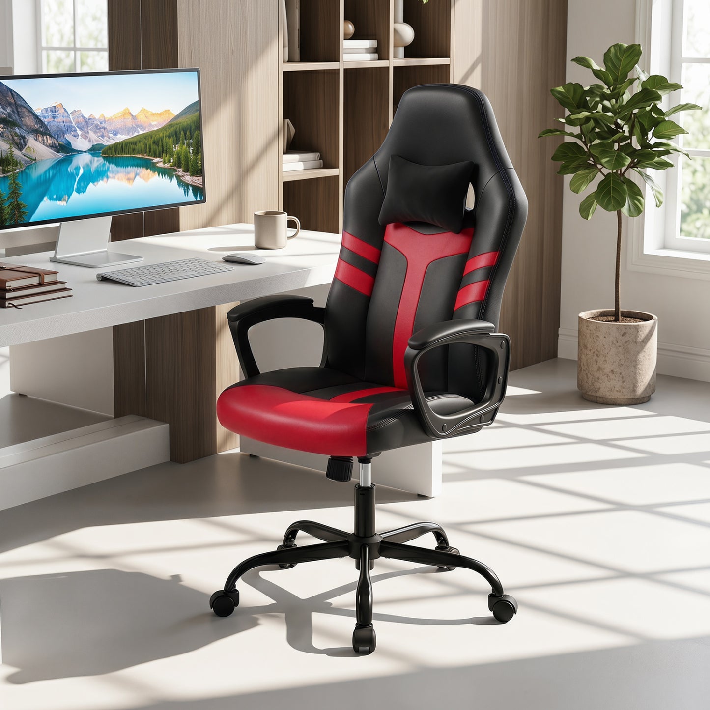 Faux Leather Upholstered Office Chair with Removable Head Pillow and Rocking Function-Blue