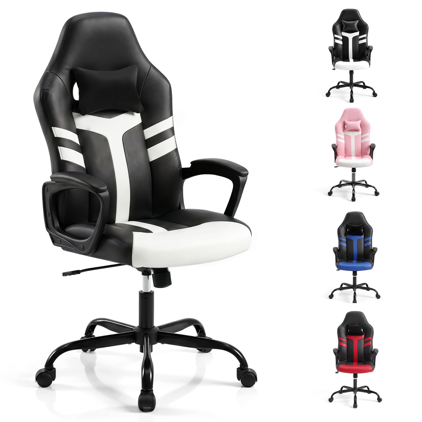 Faux Leather Upholstered Office Chair with Removable Head Pillow and Rocking Function-Blue