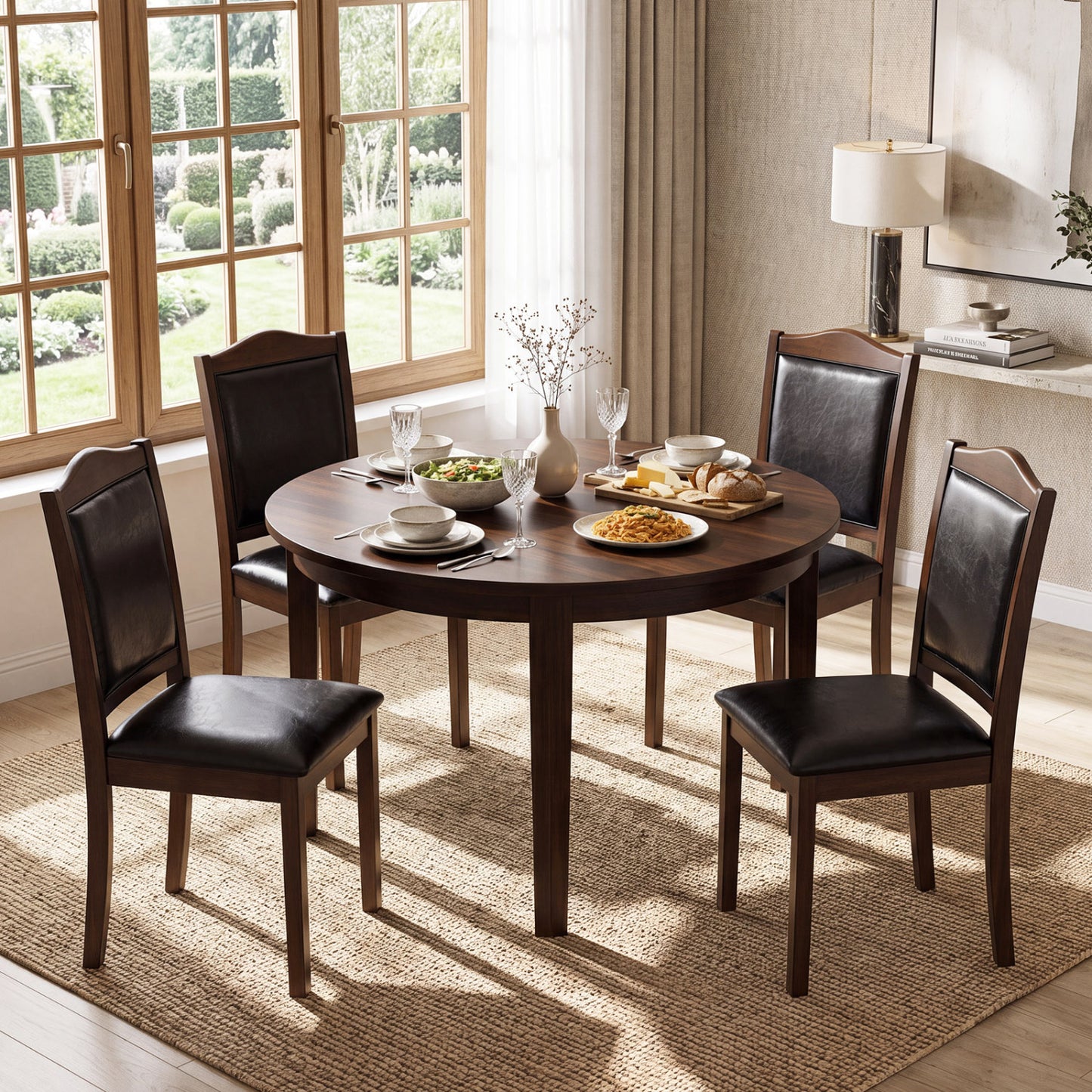 Faux Leather Upholstered Wooden Farmhouse Dining Chairs Set of 4-Walnut