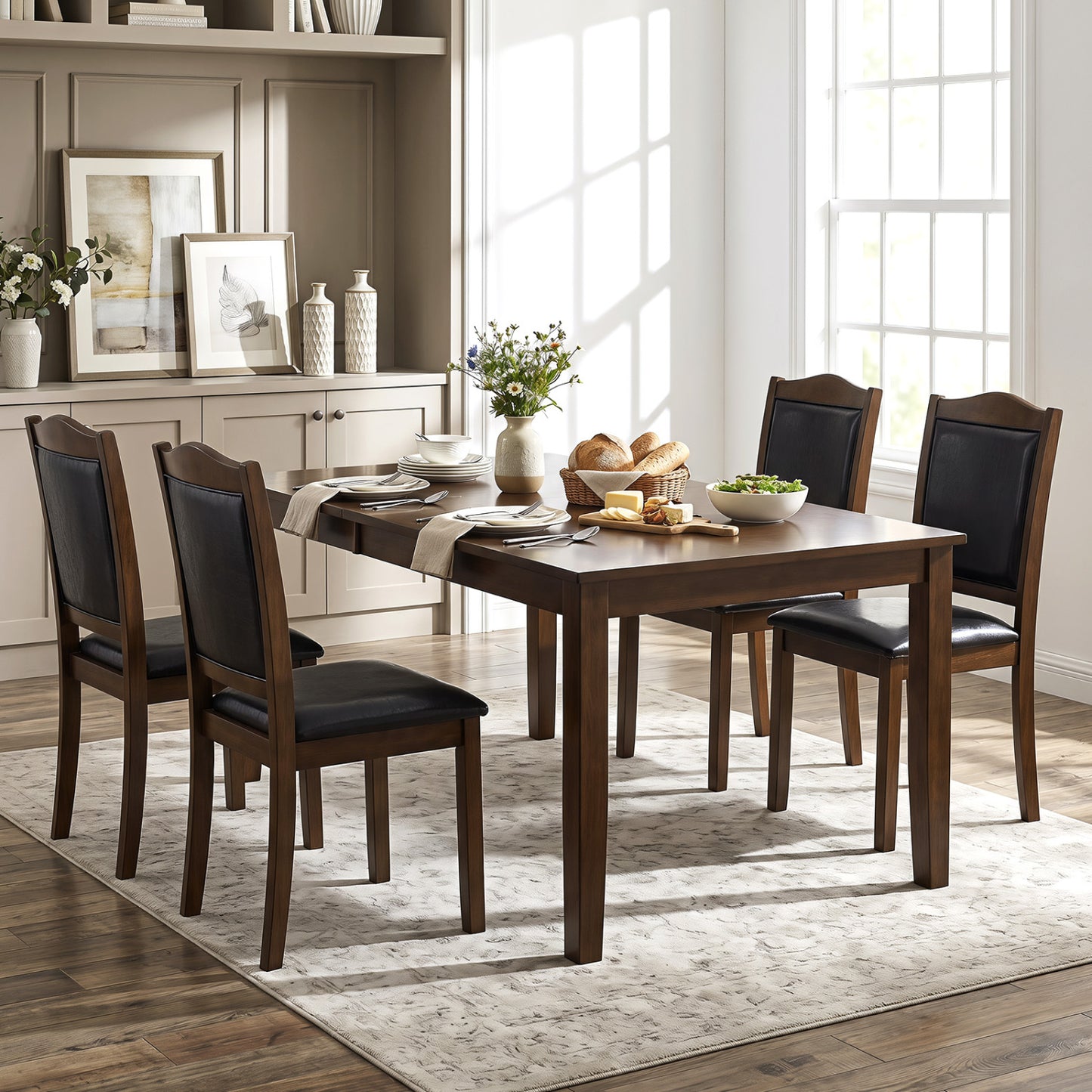 Faux Leather Upholstered Wooden Farmhouse Dining Chairs Set of 4-Walnut