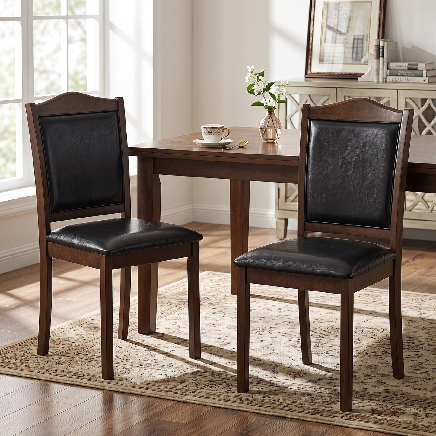 Faux Leather Upholstered Wooden Farmhouse Dining Chairs Set of 2-Walnut
