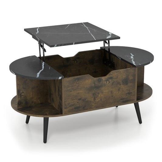 Black faux marble lift top coffee table with hidden compartment and shelves, stylish living room furniture by Wilsons Home Store.