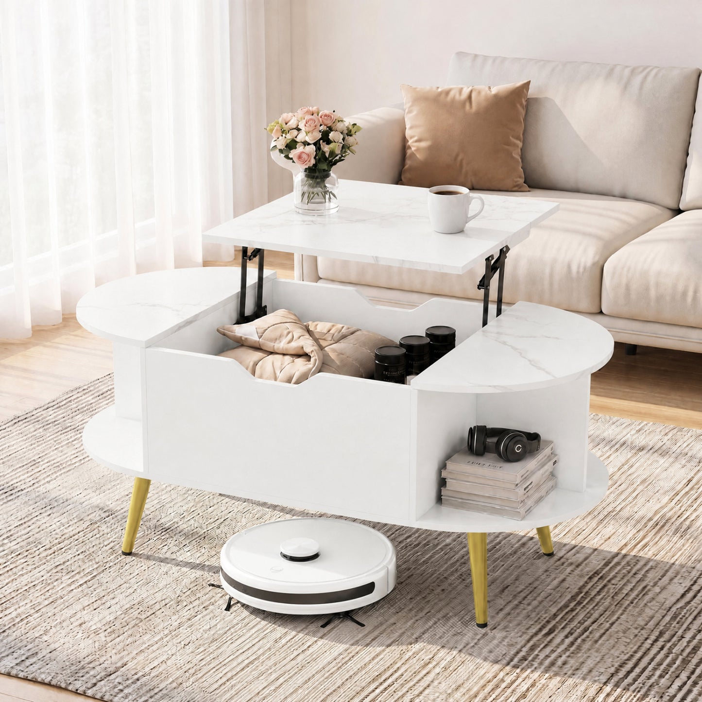 Faux Marble Lift Top Coffee Table with Hidden Compartment and Shelves-Black