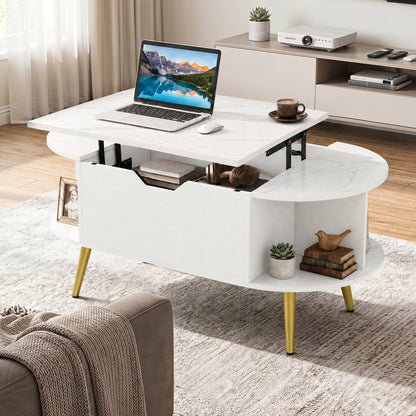 Faux Marble Lift Top Coffee Table with Hidden Compartment and Shelves-Black